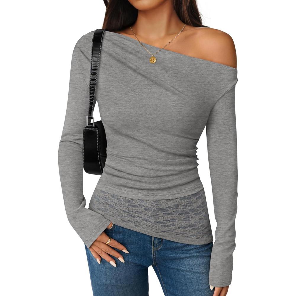 imageZESICA Womens Long Sleeve Off Shoulder Tops Fall 2026 Casual Boat Neck Lace Slim Fit Going Out Y2k Shirts BlousesGrey