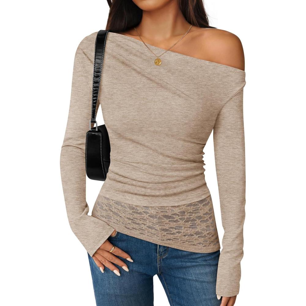imageZESICA Womens Long Sleeve Off Shoulder Tops Fall 2026 Casual Boat Neck Lace Slim Fit Going Out Y2k Shirts BlousesLight Khaki