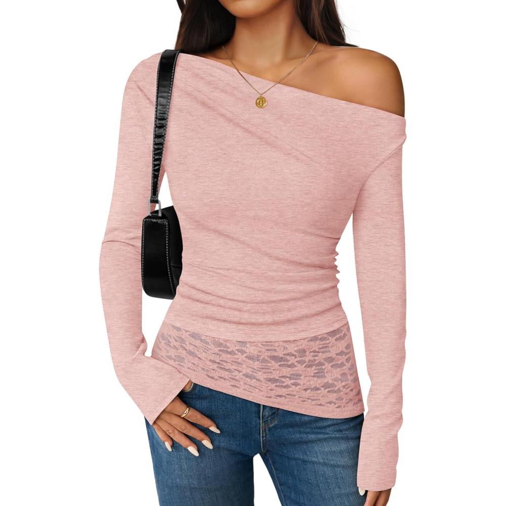 imageZESICA Womens Long Sleeve Off Shoulder Tops Fall 2026 Casual Boat Neck Lace Slim Fit Going Out Y2k Shirts BlousesPink