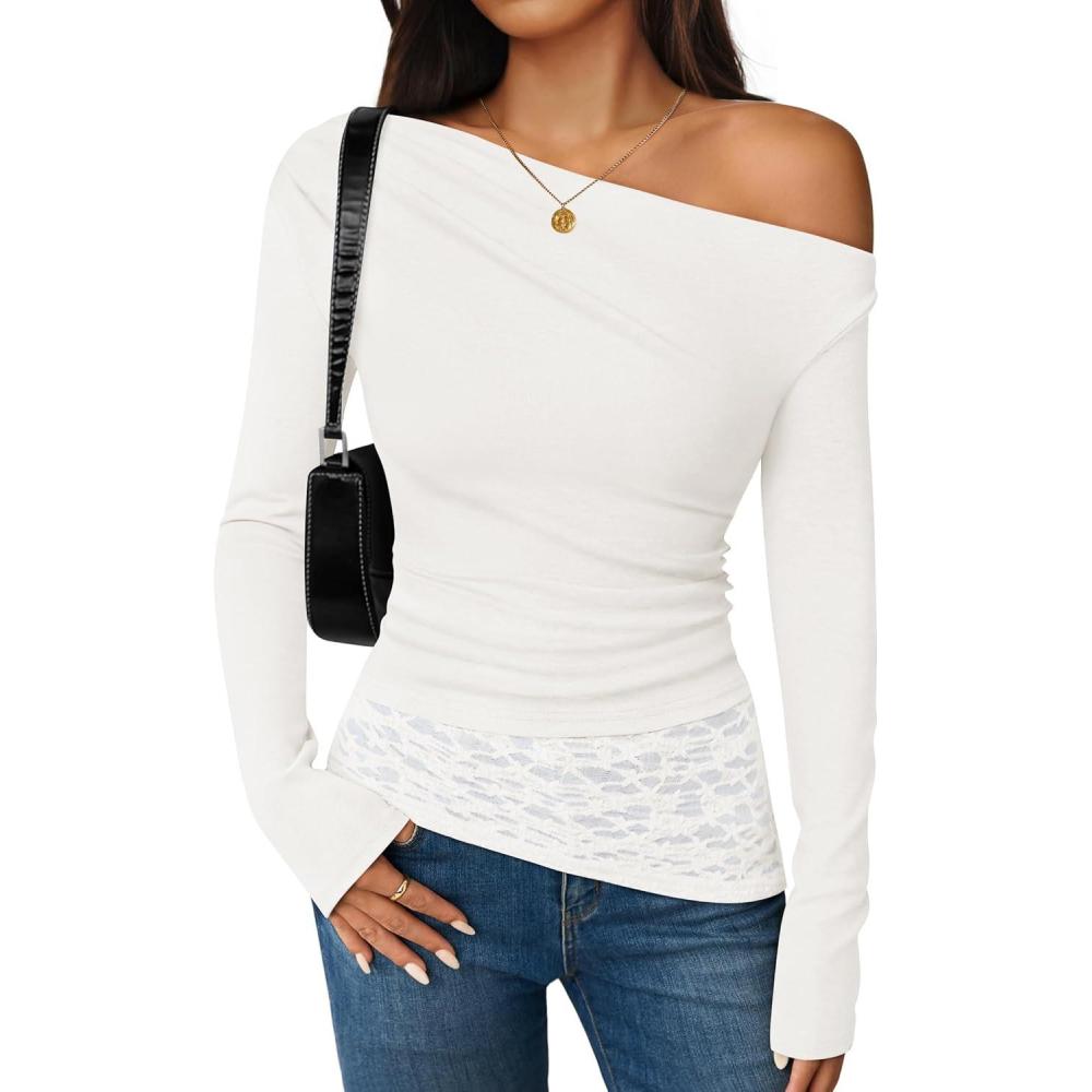 imageZESICA Womens Long Sleeve Off Shoulder Tops Fall 2026 Casual Boat Neck Lace Slim Fit Going Out Y2k Shirts BlousesWhite