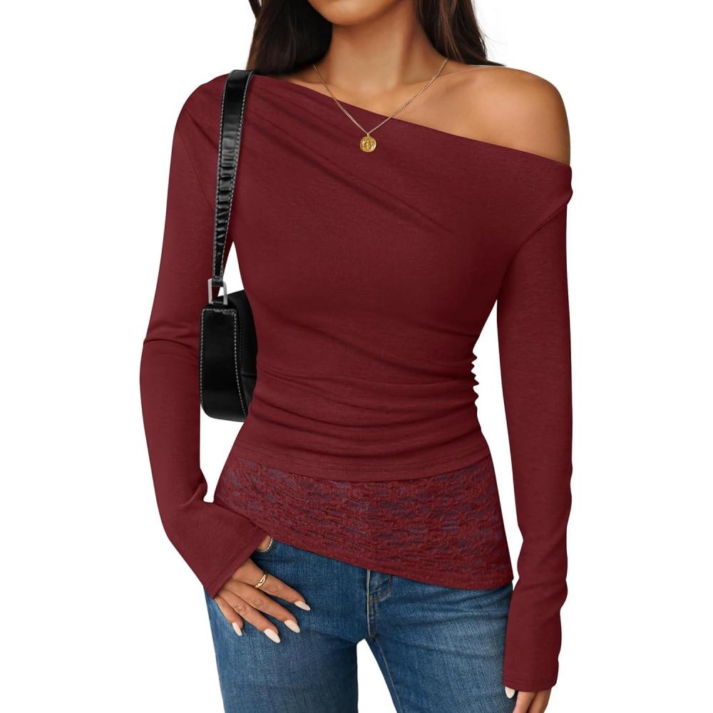 imageZESICA Womens Long Sleeve Off Shoulder Tops Fall 2026 Casual Boat Neck Lace Slim Fit Going Out Y2k Shirts BlousesWine