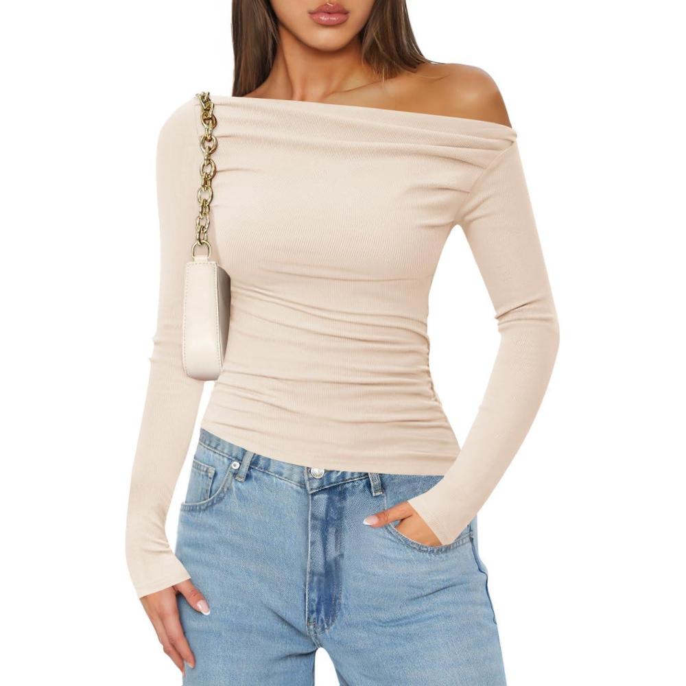 imageZESICA Womens Off Shoulder Long Sleeve Tops 2026 Spring Casual Boat Neck Ruched Slim Fit Going Out Y2k Shirts BlousesApricot
