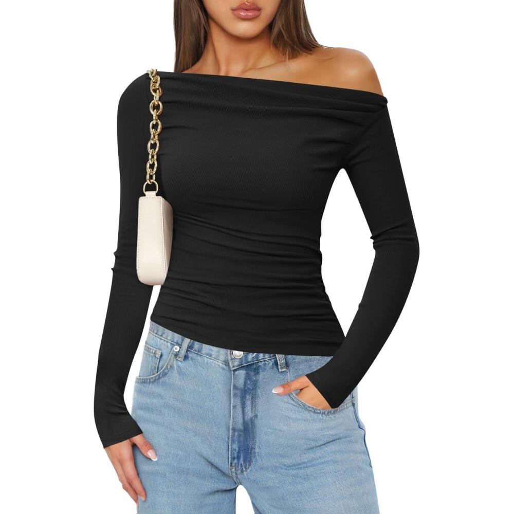 imageZESICA Womens Off Shoulder Long Sleeve Tops 2026 Spring Casual Boat Neck Ruched Slim Fit Going Out Y2k Shirts BlousesBlack