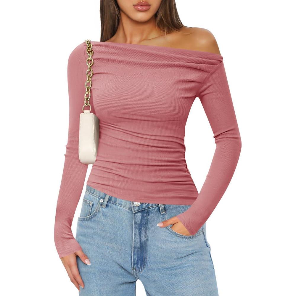 imageZESICA Womens Off Shoulder Long Sleeve Tops 2026 Spring Casual Boat Neck Ruched Slim Fit Going Out Y2k Shirts BlousesPink
