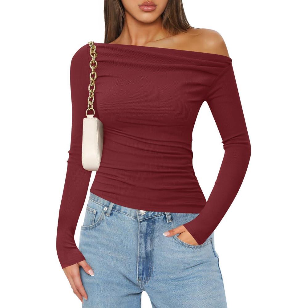 imageZESICA Womens Off Shoulder Long Sleeve Tops 2026 Spring Casual Boat Neck Ruched Slim Fit Going Out Y2k Shirts BlousesRed