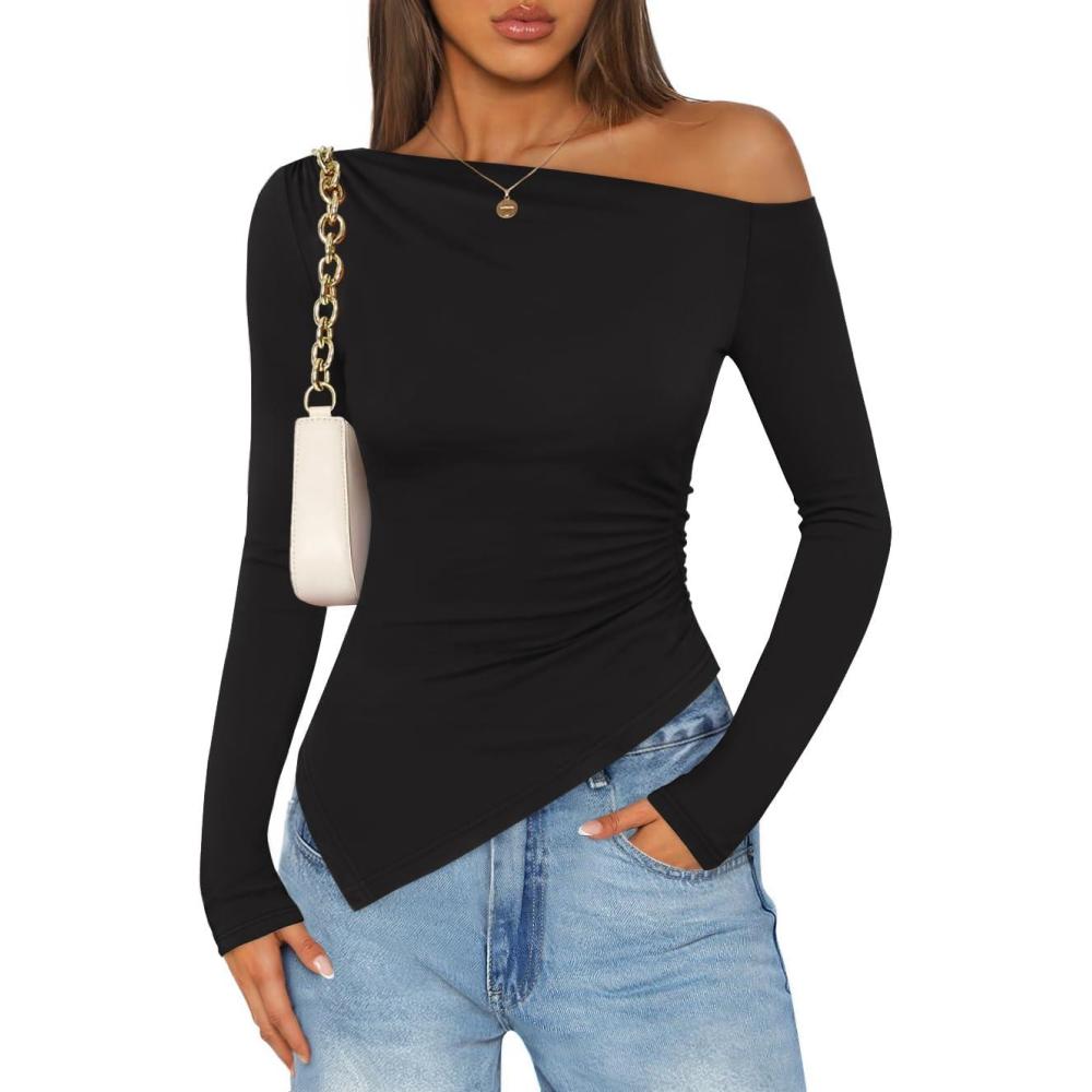imageZESICA Womens Off The Shoulder Tops 2026 Long Sleeve Y2K Asymmetrical Ruched Fitted Shirts Spring Trendy Going Out TopBlack