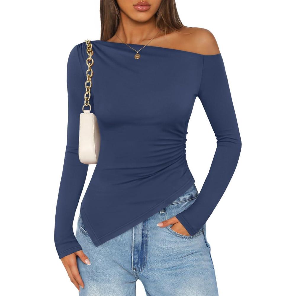 imageZESICA Womens Off The Shoulder Tops 2026 Long Sleeve Y2K Asymmetrical Ruched Fitted Shirts Spring Trendy Going Out TopNavy