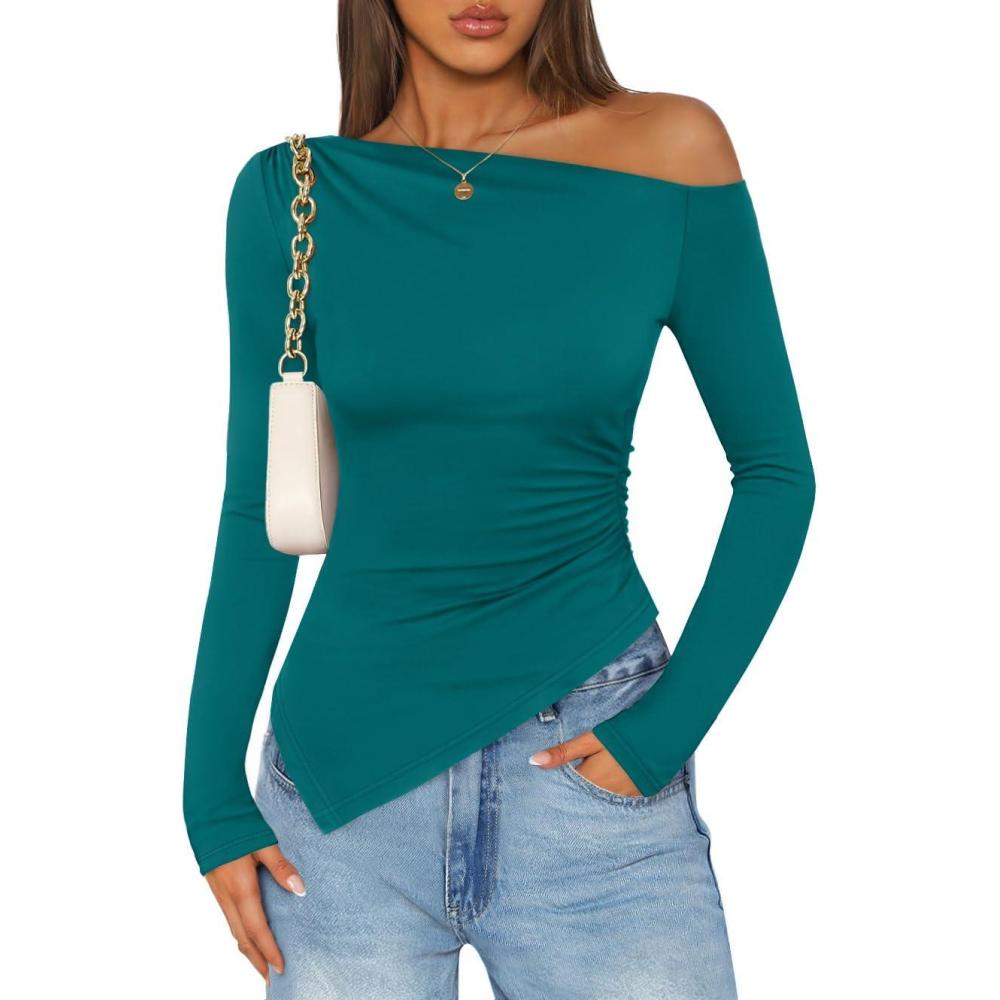 imageZESICA Womens Off The Shoulder Tops 2026 Long Sleeve Y2K Asymmetrical Ruched Fitted Shirts Spring Trendy Going Out TopTeal