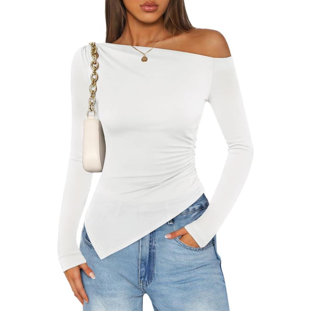 imageZESICA Womens Off The Shoulder Tops 2026 Long Sleeve Y2K Asymmetrical Ruched Fitted Shirts Spring Trendy Going Out TopWhite