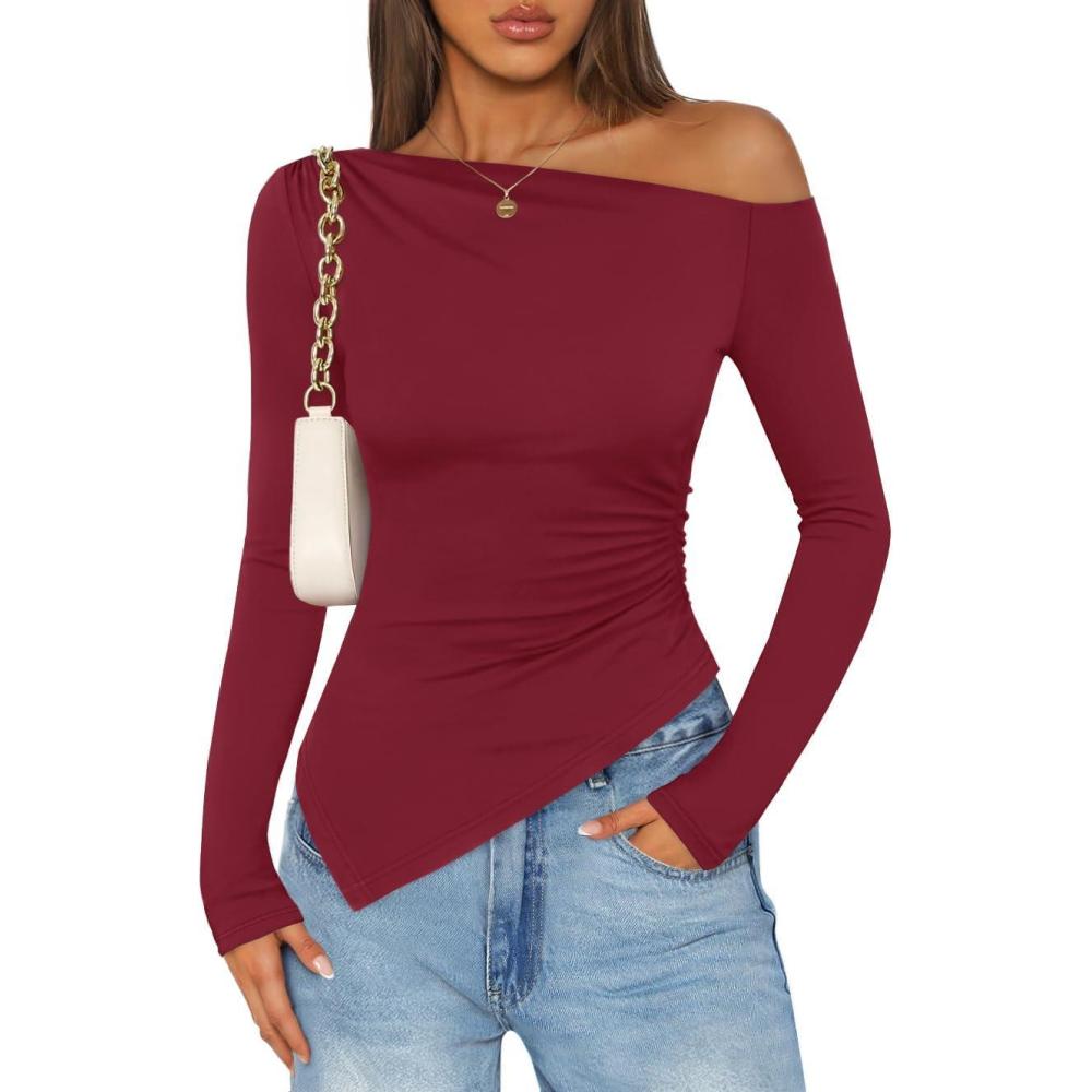 imageZESICA Womens Off The Shoulder Tops 2026 Long Sleeve Y2K Asymmetrical Ruched Fitted Shirts Spring Trendy Going Out TopWine