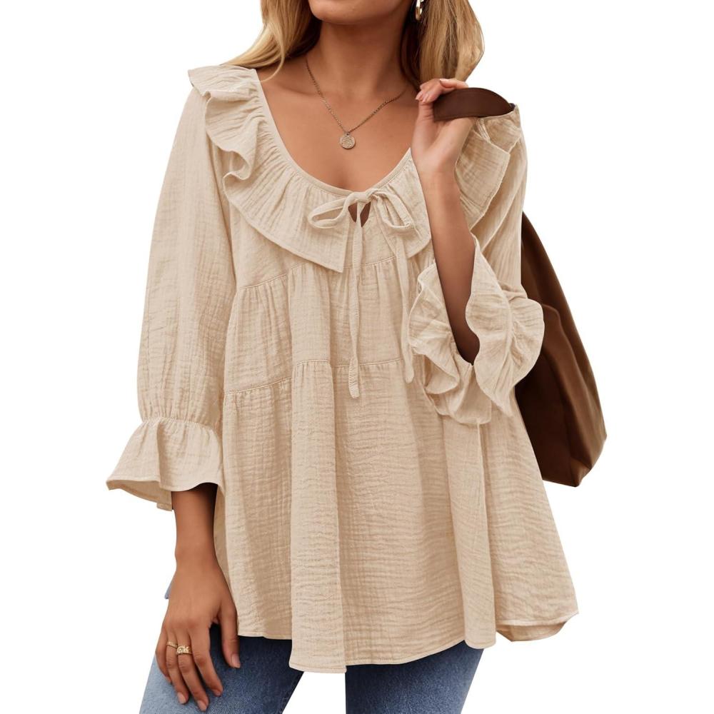 imageZESICA Womens Scoop Neck 34 Length Sleeve Tops 2026 Casual Tie Front Ruffle Tiered Loose Tunic Shirts Blouses Fall OutfitsApricot