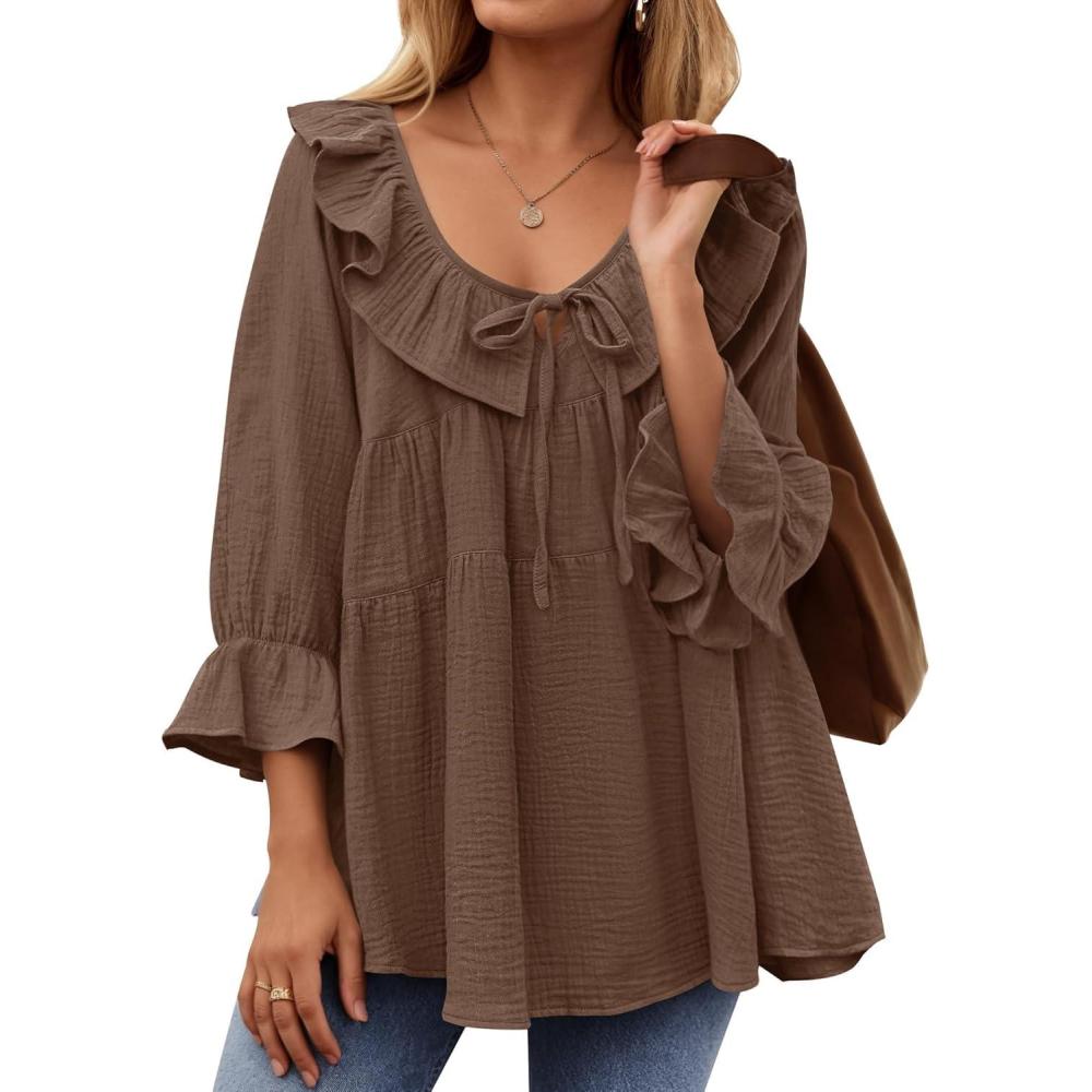 imageZESICA Womens Scoop Neck 34 Length Sleeve Tops 2026 Casual Tie Front Ruffle Tiered Loose Tunic Shirts Blouses Fall OutfitsBrown