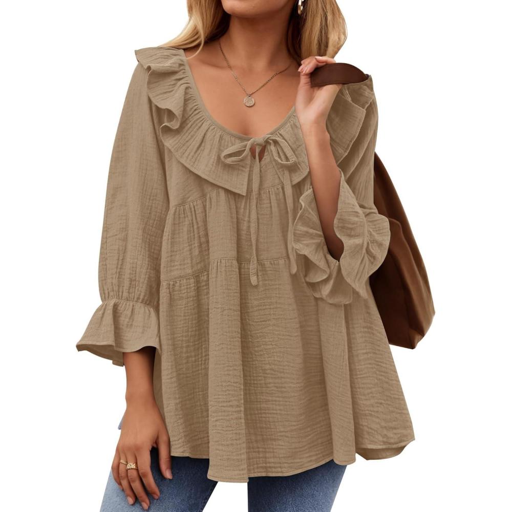 imageZESICA Womens Scoop Neck 34 Length Sleeve Tops 2026 Casual Tie Front Ruffle Tiered Loose Tunic Shirts Blouses Fall OutfitsKhaki