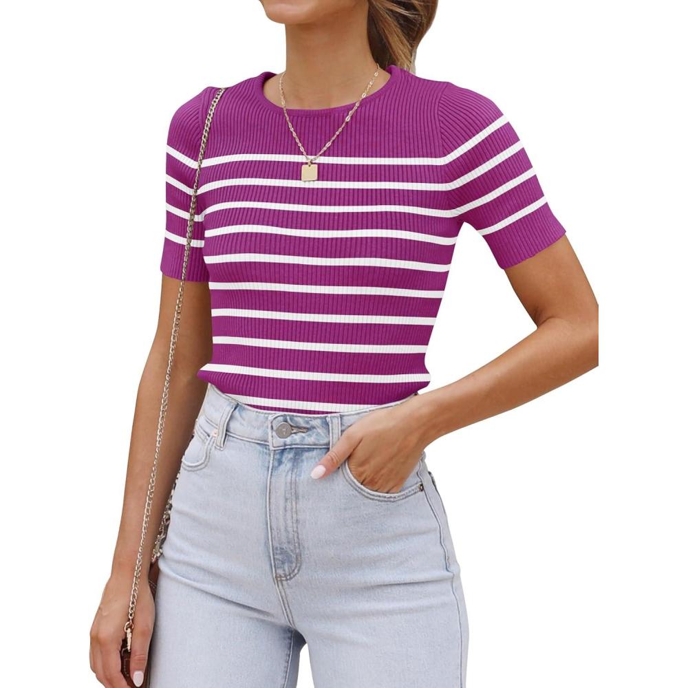 imageZESICA Womens Short Sleeve Crewneck Striped T Shirt 2026 Summer Ribbed Knit Slim Fit Casual Basic Tee TopsMagenta