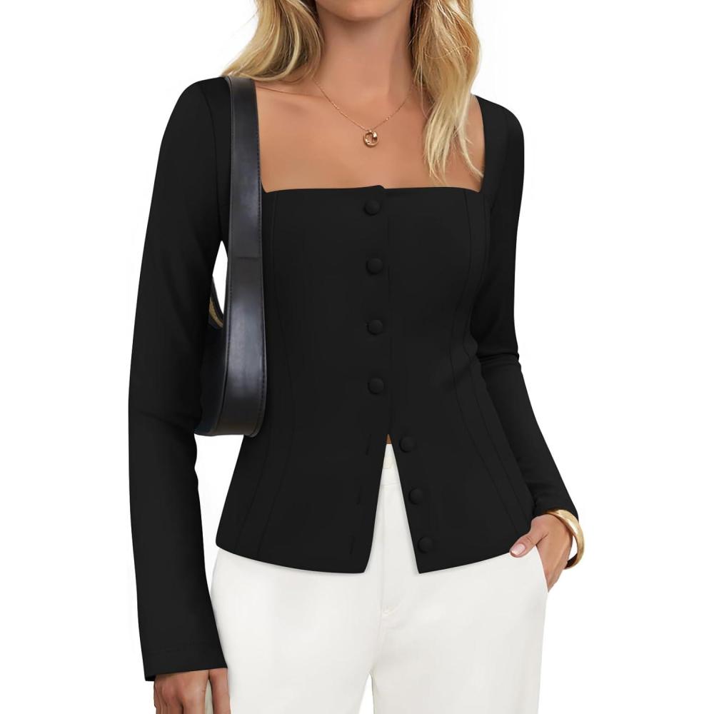 imageZESICA Womens Spring Square Neck Blazers 2026 Casual Long Sleeve Button Up Work Business Fitted Blazer JacketsBlack