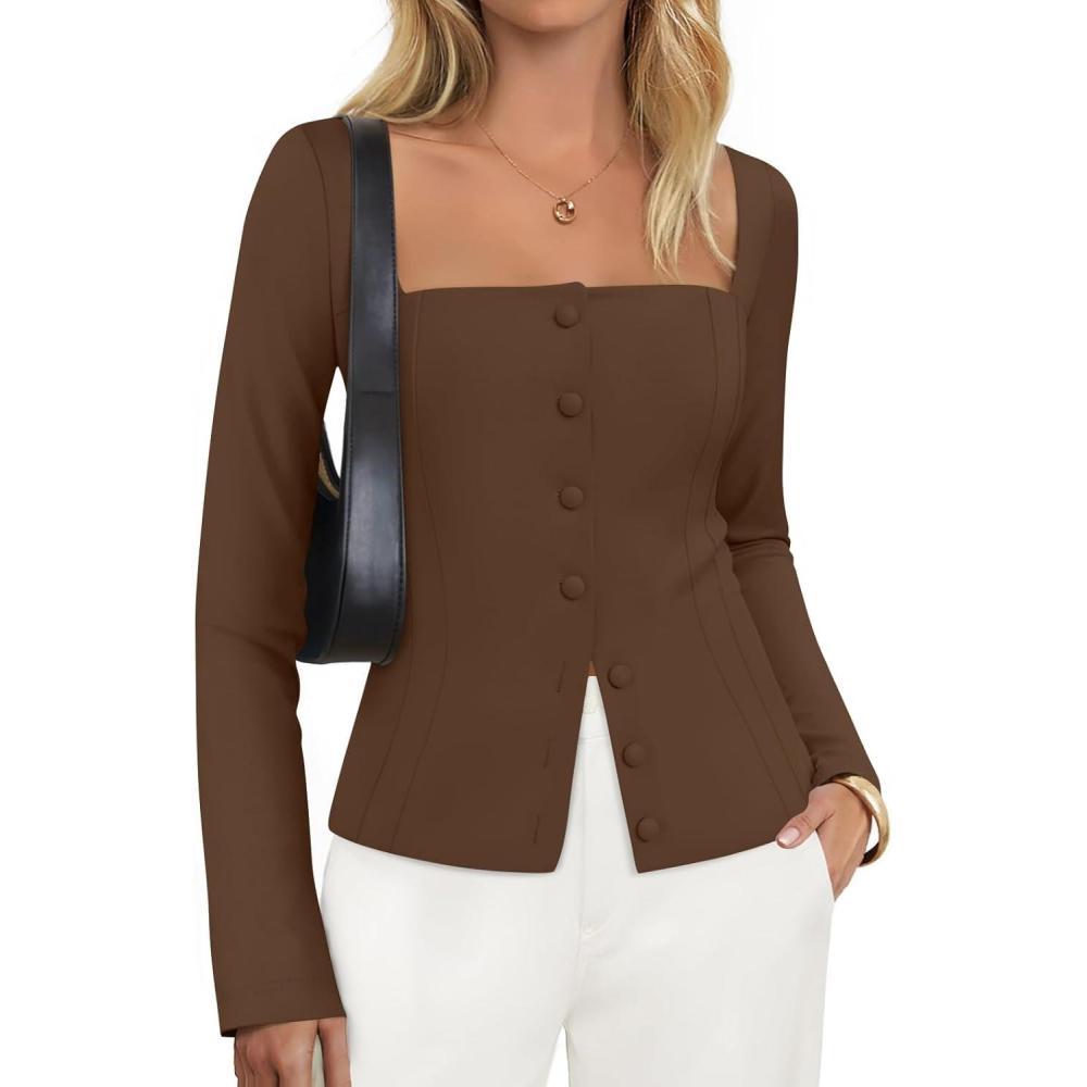 imageZESICA Womens Spring Square Neck Blazers 2026 Casual Long Sleeve Button Up Work Business Fitted Blazer JacketsBrown