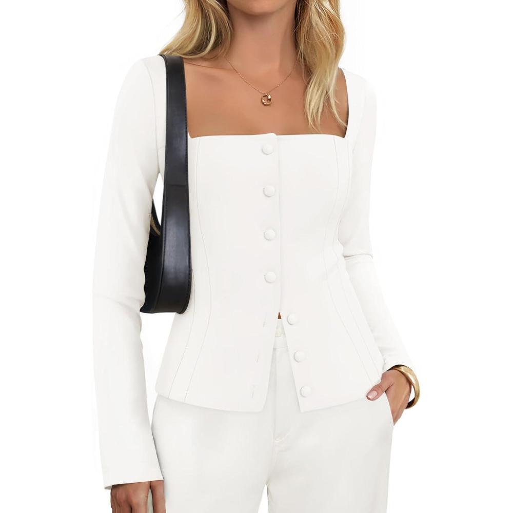 imageZESICA Womens Spring Square Neck Blazers 2026 Casual Long Sleeve Button Up Work Business Fitted Blazer JacketsCream