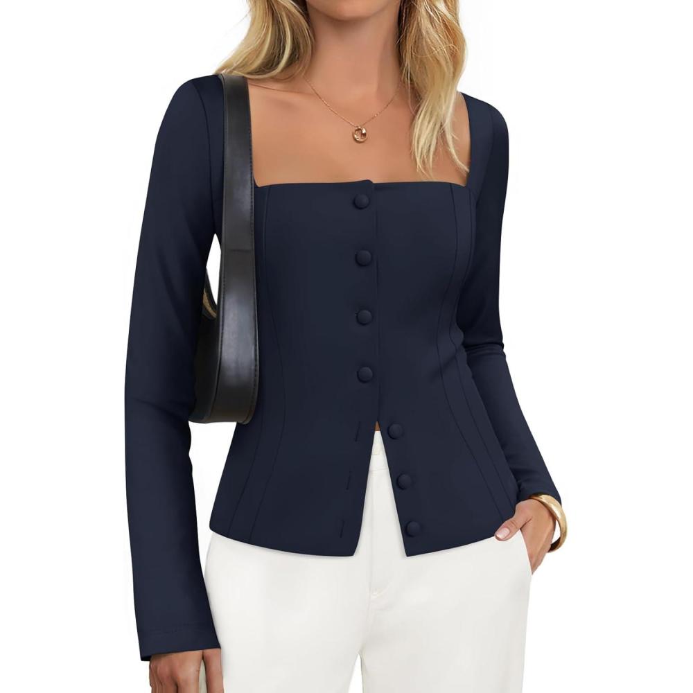 imageZESICA Womens Spring Square Neck Blazers 2026 Casual Long Sleeve Button Up Work Business Fitted Blazer JacketsNavy