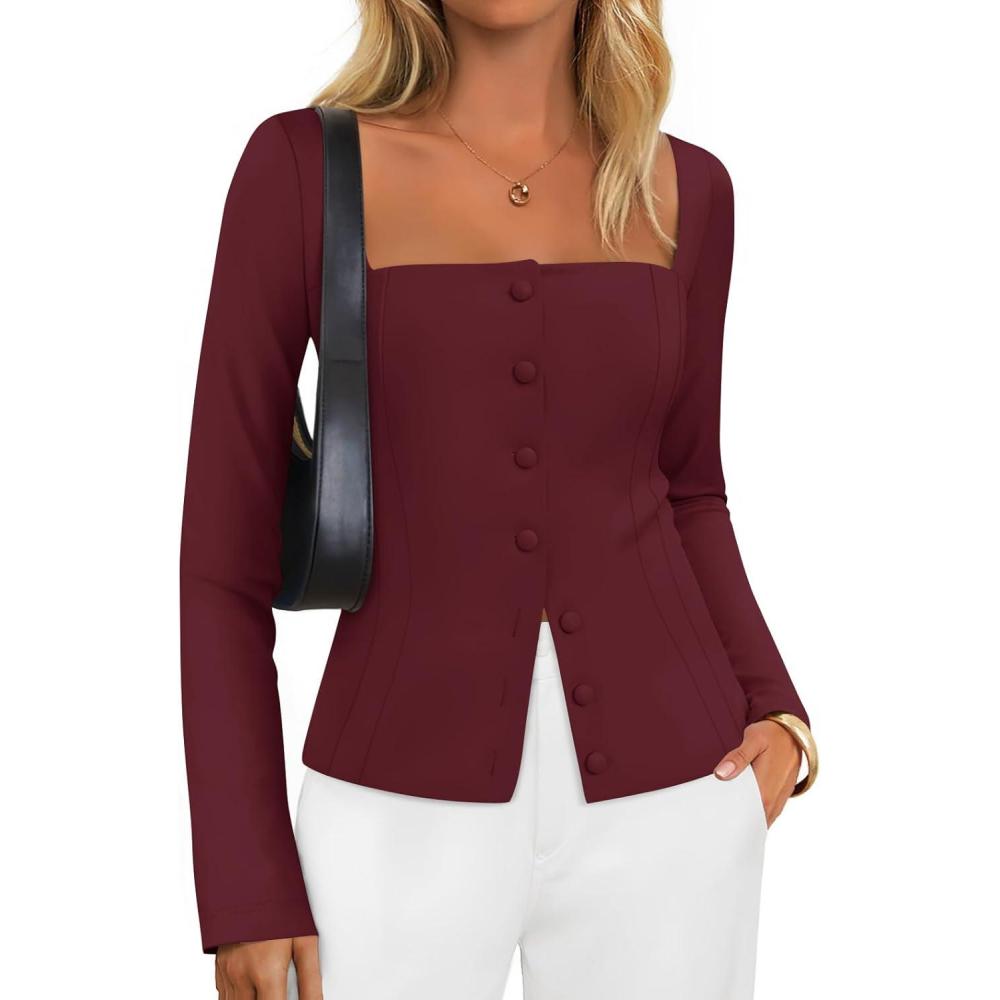 imageZESICA Womens Spring Square Neck Blazers 2026 Casual Long Sleeve Button Up Work Business Fitted Blazer JacketsWine