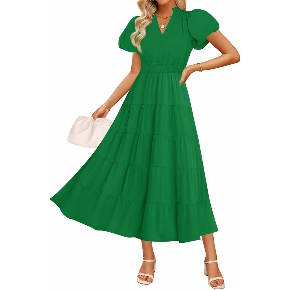 imageZESICA Womens Summer Casual Maxi Dress 2026 Puff Short Sleeve V Neck Ruffle Tiered Flowy Boho Beach DressesGreen