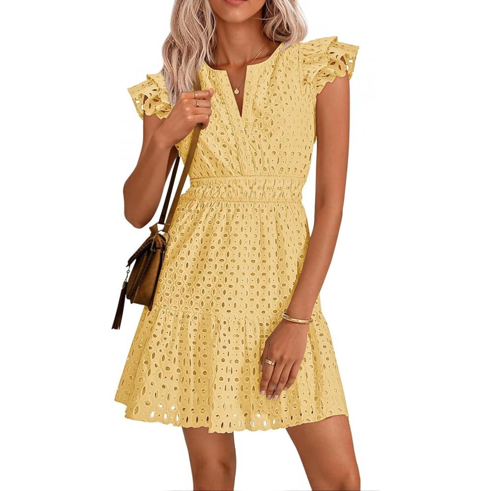 imageZESICA Womens Summer Flutter Short Sleeve Mini Dress 2026 V Neck Hollow Out Eyelet A Line Swing Beach Short SundressLightyellow