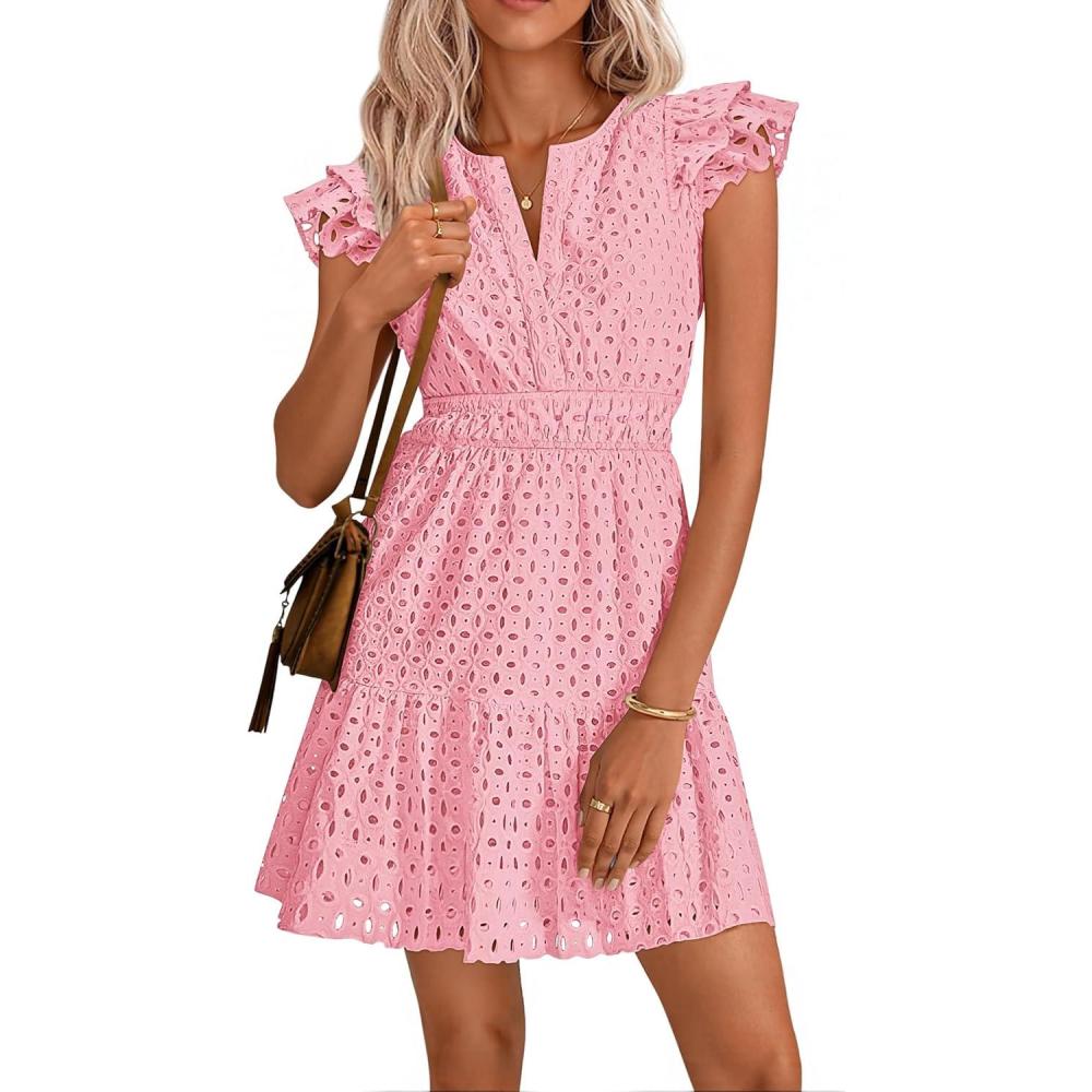 imageZESICA Womens Summer Flutter Short Sleeve Mini Dress 2026 V Neck Hollow Out Eyelet A Line Swing Beach Short SundressPink