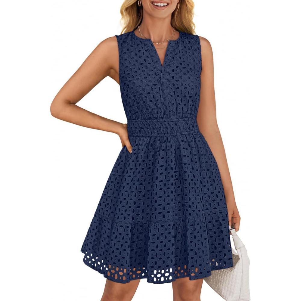 imageZESICA Womens Summer Sleeveless Mini Dress V Neck Hollow Out Eyelet Flowy A Line Beach Vacation Party Short DressesNavy
