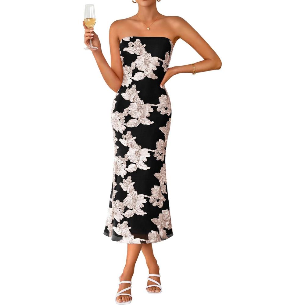 imageZESICA Womens Summer Strapless Floral Midi Dress 2026 Bodycon Mesh Tube Wedding Guest Cocktail Party Long DressesBlack