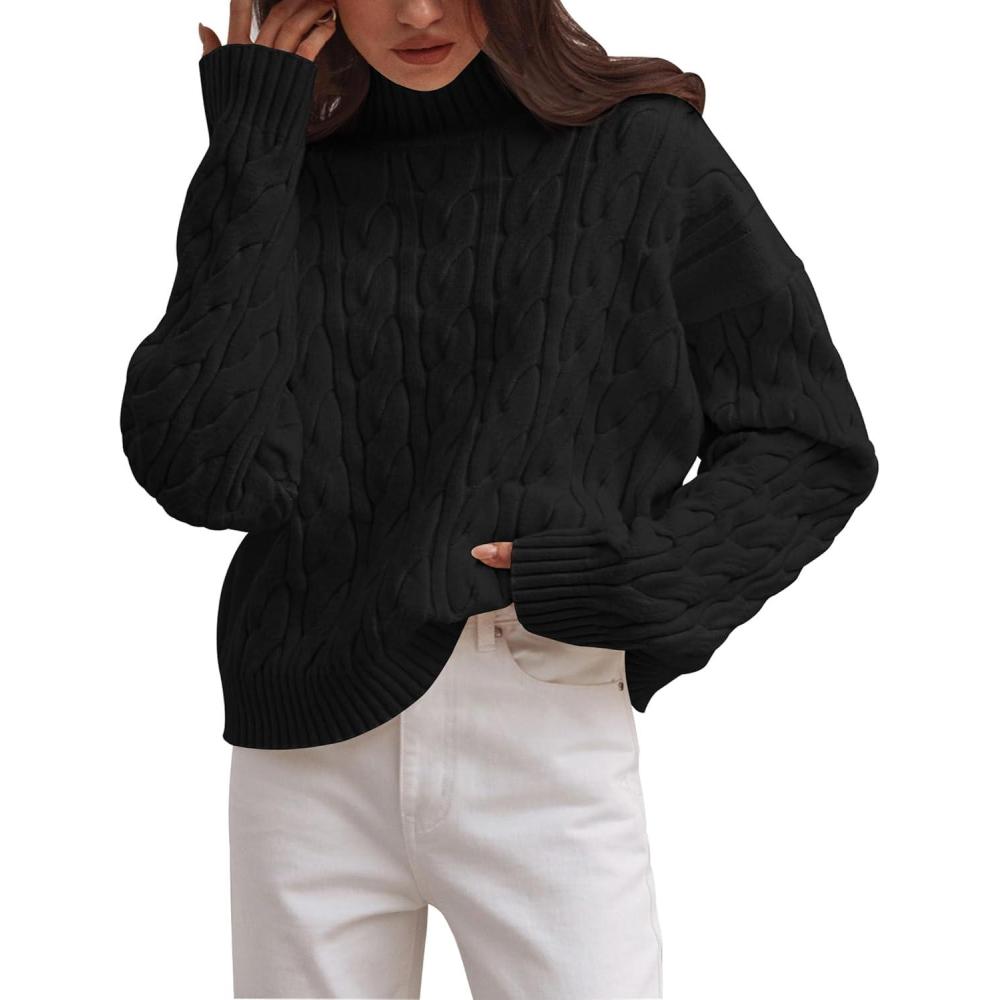 imageZESICA Womens Sweaters 2026 Fall Winter Long Sleeve Mock Neck Solid Color Casual Loose Chunky Pullover SweaterBlack