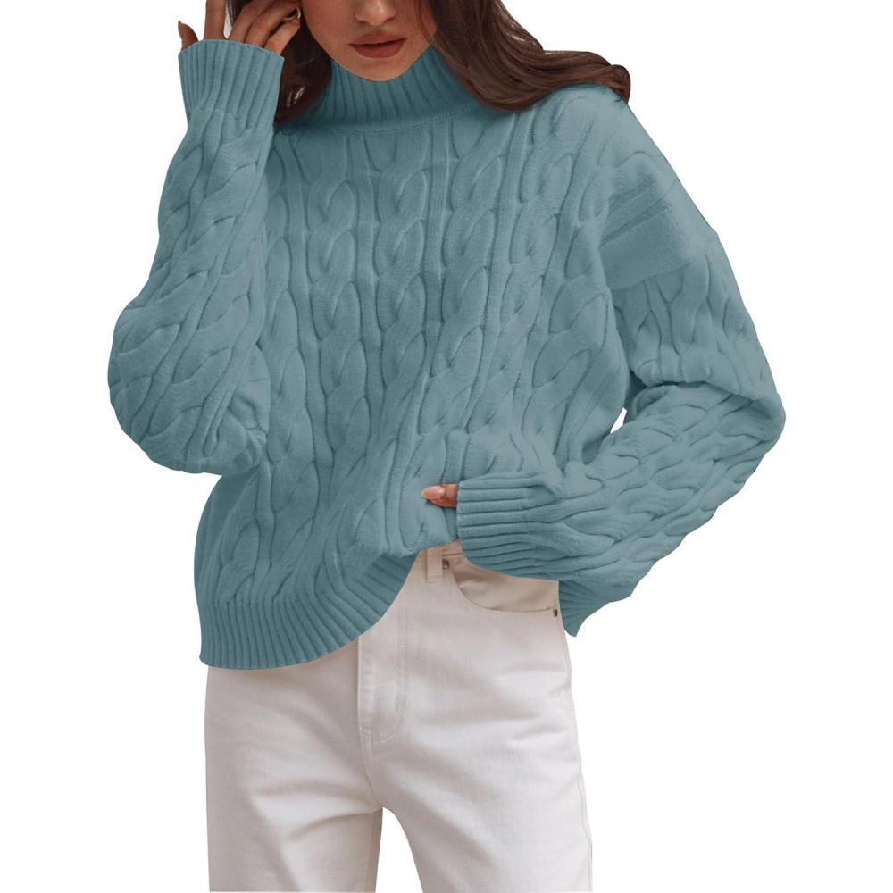 imageZESICA Womens Sweaters 2026 Fall Winter Long Sleeve Mock Neck Solid Color Casual Loose Chunky Pullover SweaterHaze Blue