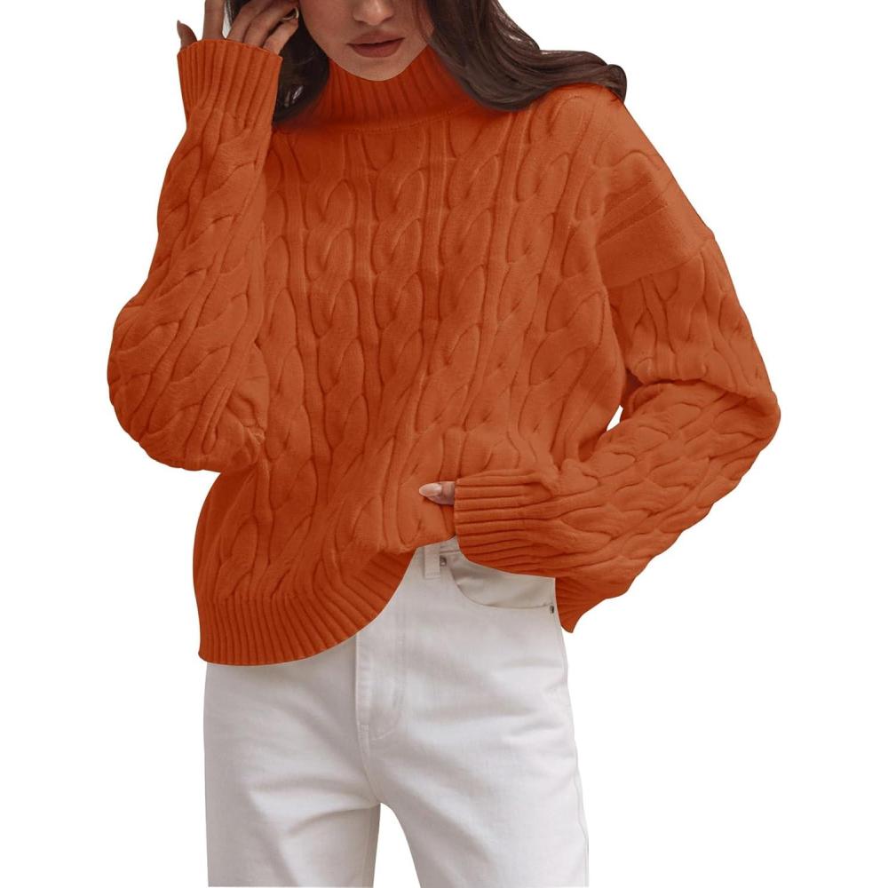 imageZESICA Womens Sweaters 2026 Fall Winter Long Sleeve Mock Neck Solid Color Casual Loose Chunky Pullover SweaterOrange