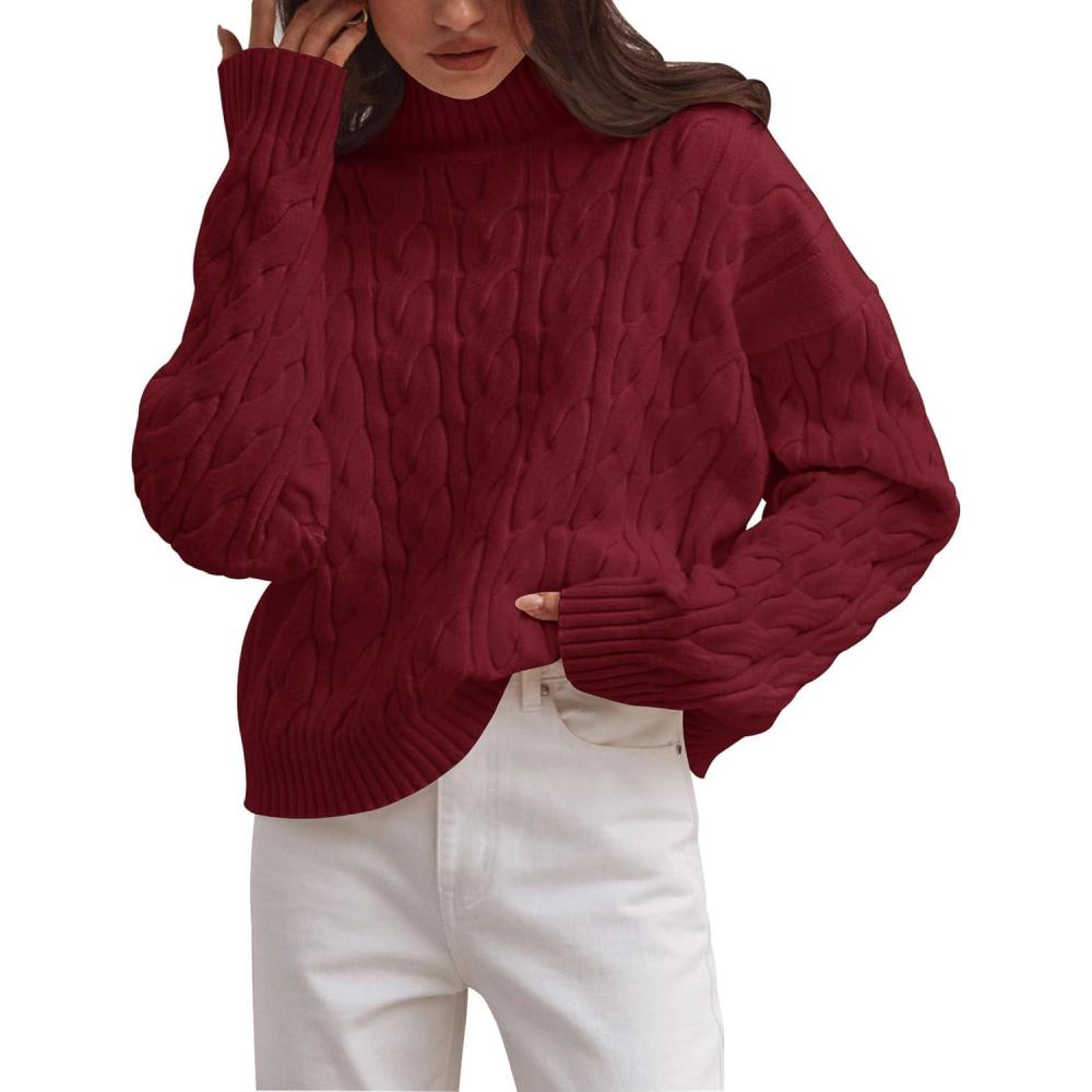 imageZESICA Womens Sweaters 2026 Fall Winter Long Sleeve Mock Neck Solid Color Casual Loose Chunky Pullover SweaterRed