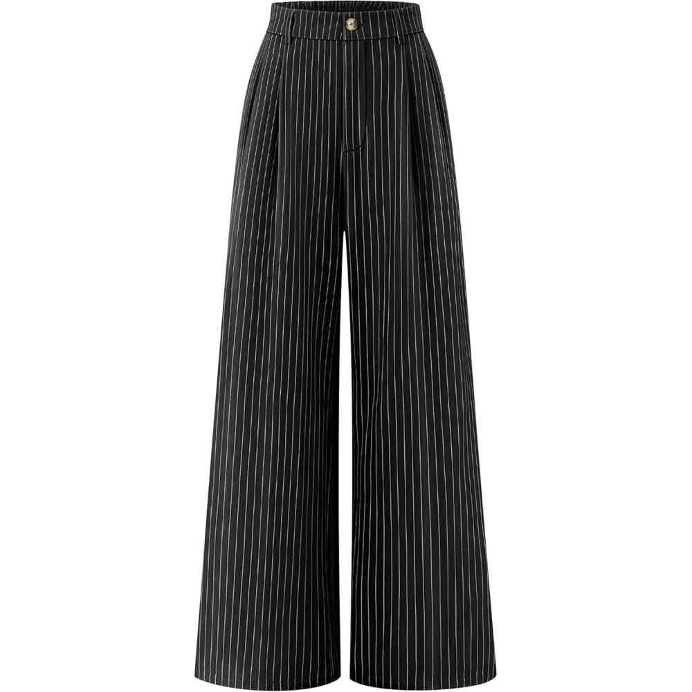 imageZESICA Womens Wide Leg Striped Palazzo Pants 2026 Casual High Waist Straight Business Work Dressy Trousers with PocketsBlack