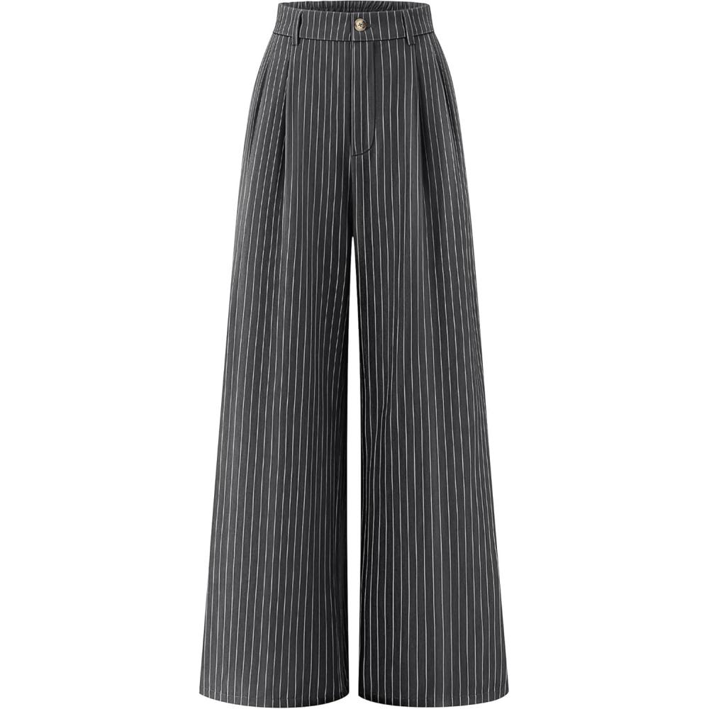 imageZESICA Womens Wide Leg Striped Palazzo Pants 2026 Casual High Waist Straight Business Work Dressy Trousers with PocketsGrey