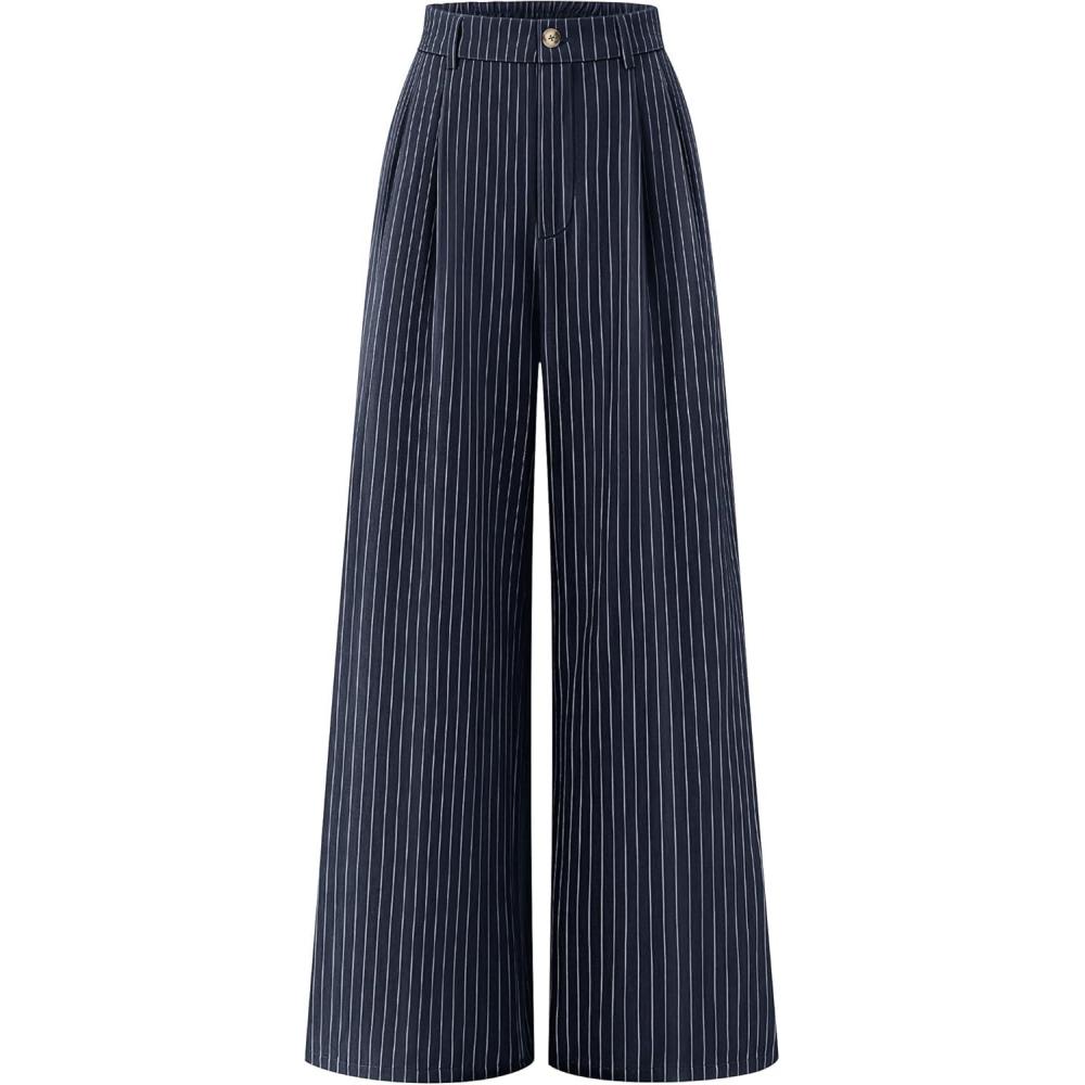 imageZESICA Womens Wide Leg Striped Palazzo Pants 2026 Casual High Waist Straight Business Work Dressy Trousers with PocketsNavy