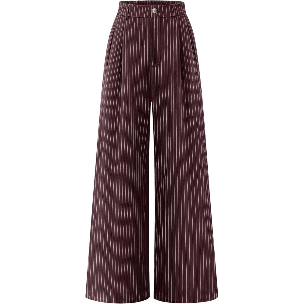 imageZESICA Womens Wide Leg Striped Palazzo Pants 2026 Casual High Waist Straight Business Work Dressy Trousers with PocketsRedbrown