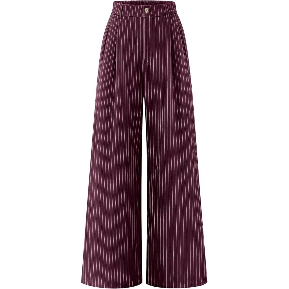imageZESICA Womens Wide Leg Striped Palazzo Pants 2026 Casual High Waist Straight Business Work Dressy Trousers with PocketsWine