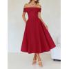 ZESICA Cocktail Dresses for Women’s Elegant Off Shoulder Short Sleeve Swing A Line Wedding Evening Party Midi Dress(Red)