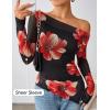 ZESICA Floral Mesh Off Shoulder Long Sleeve Tops for Women 2026 Y2k Double Lined Sheer Spring Going Out Shirts(Black)