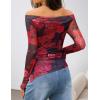 ZESICA Floral Mesh Off Shoulder Long Sleeve Tops for Women 2026 Y2k Double Lined Sheer Spring Going Out Shirts(Blackred)