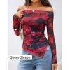 ZESICA Floral Mesh Off Shoulder Long Sleeve Tops for Women 2026 Y2k Double Lined Sheer Spring Going Out Shirts(Blackred)