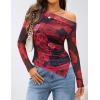 ZESICA Floral Mesh Off Shoulder Long Sleeve Tops for Women 2026 Y2k Double Lined Sheer Spring Going Out Shirts(Blackred)