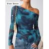 ZESICA Floral Mesh Off Shoulder Long Sleeve Tops for Women 2026 Y2k Double Lined Sheer Spring Going Out Shirts(Blue)
