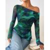 ZESICA Floral Mesh Off Shoulder Long Sleeve Tops for Women 2026 Y2k Double Lined Sheer Spring Going Out Shirts(Lakegreen)