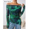 ZESICA Floral Mesh Off Shoulder Long Sleeve Tops for Women 2026 Y2k Double Lined Sheer Spring Going Out Shirts(Lakegreen)