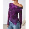 ZESICA Floral Mesh Off Shoulder Long Sleeve Tops for Women 2026 Y2k Double Lined Sheer Spring Going Out Shirts(Purple)