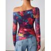 ZESICA Floral Mesh Off Shoulder Long Sleeve Tops for Women 2026 Y2k Double Lined Sheer Spring Going Out Shirts(Purplered)