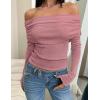ZESICA Long Sleeve Shirts for Women Ribbed Knit Off Shoulder Slim Fit Going Out Tops Outfits 2026 Trendy Fashion Clothes(Darkpink)
