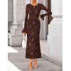 ZESICA Women’s 2026 Bell Long Sleeve Floral Maxi Dress Spring Fashion Bodycon Mesh Wedding Guest Cocktail Party Dresses(Coffee)