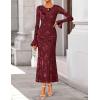 ZESICA Women’s 2026 Bell Long Sleeve Floral Maxi Dress Spring Fashion Bodycon Mesh Wedding Guest Cocktail Party Dresses(Wine)